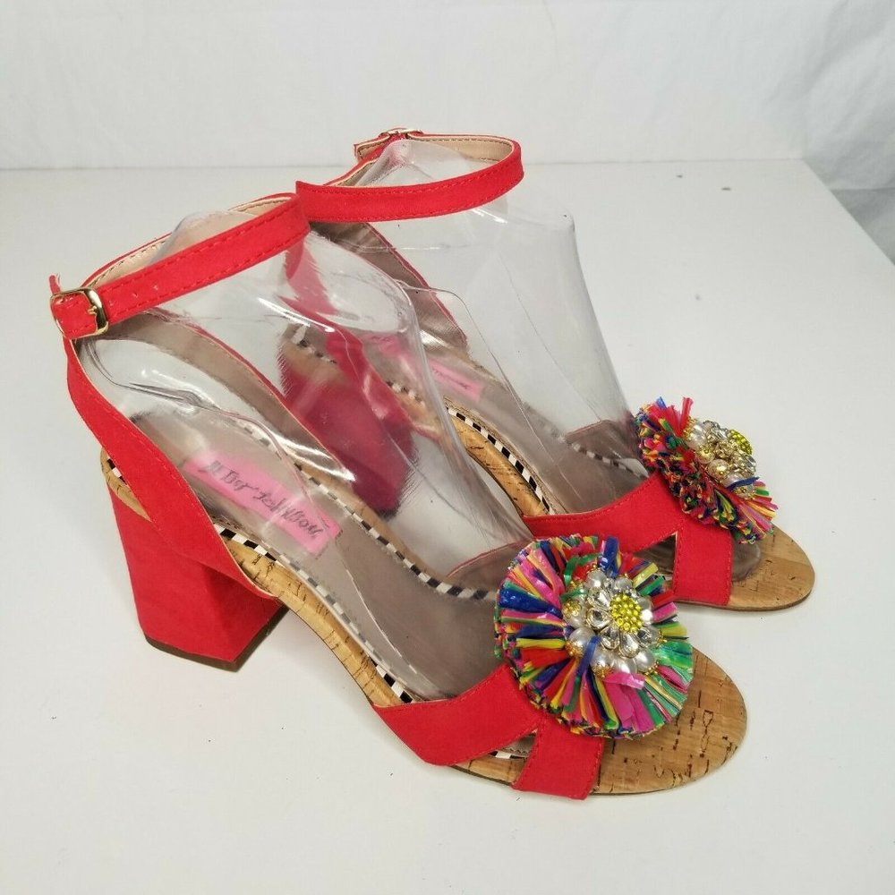Betsey Johnson Sandals Asha  Ladies Size 6.5 Red Floral Accent Jewels Rhinestone